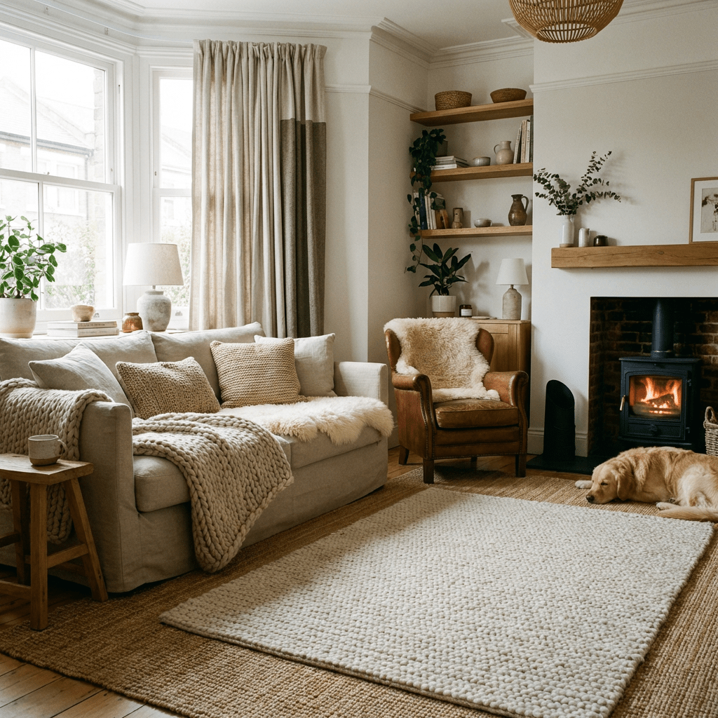 Living room with beige sofa, leather armchair, lit fireplace, and resting dog