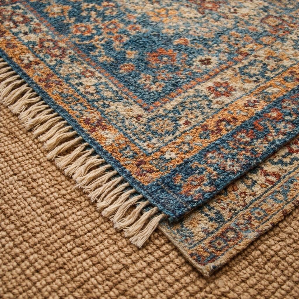 Textured rugs layered on a jute rug on the floor