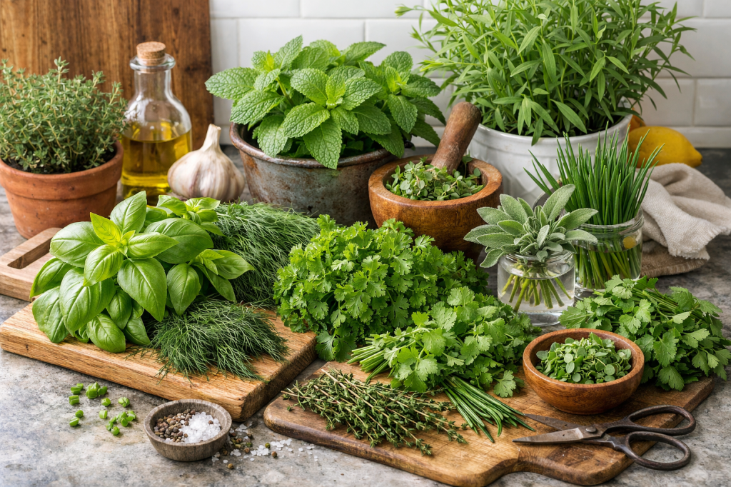 Fresh basil, dill, cilantro, thyme, chives, sage, mint, and other herbs on cutting boards with garlic, olive oil, and scissors