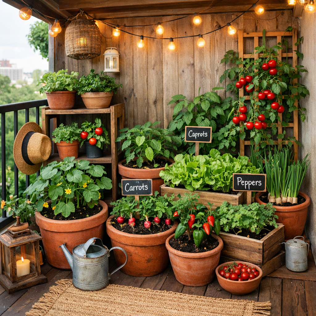 Balcony garden with various vegetable plants labeled carrots, caprots, and peppers