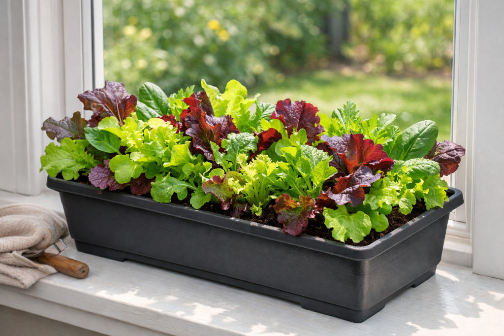 Mixed green and red salad leaves growing in a black rectangular planter on a windowsill