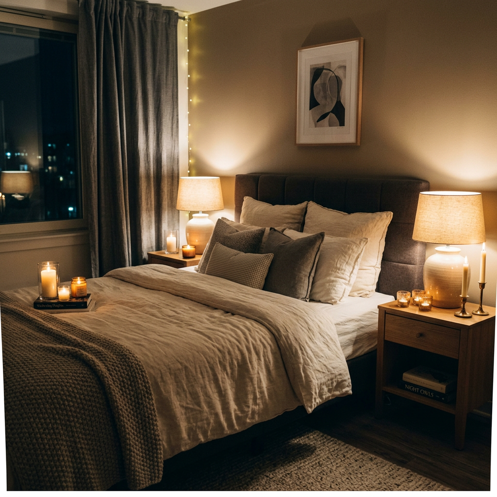 Bedroom with bed, pillows, lamps, candles, nightstands, and curtains at night