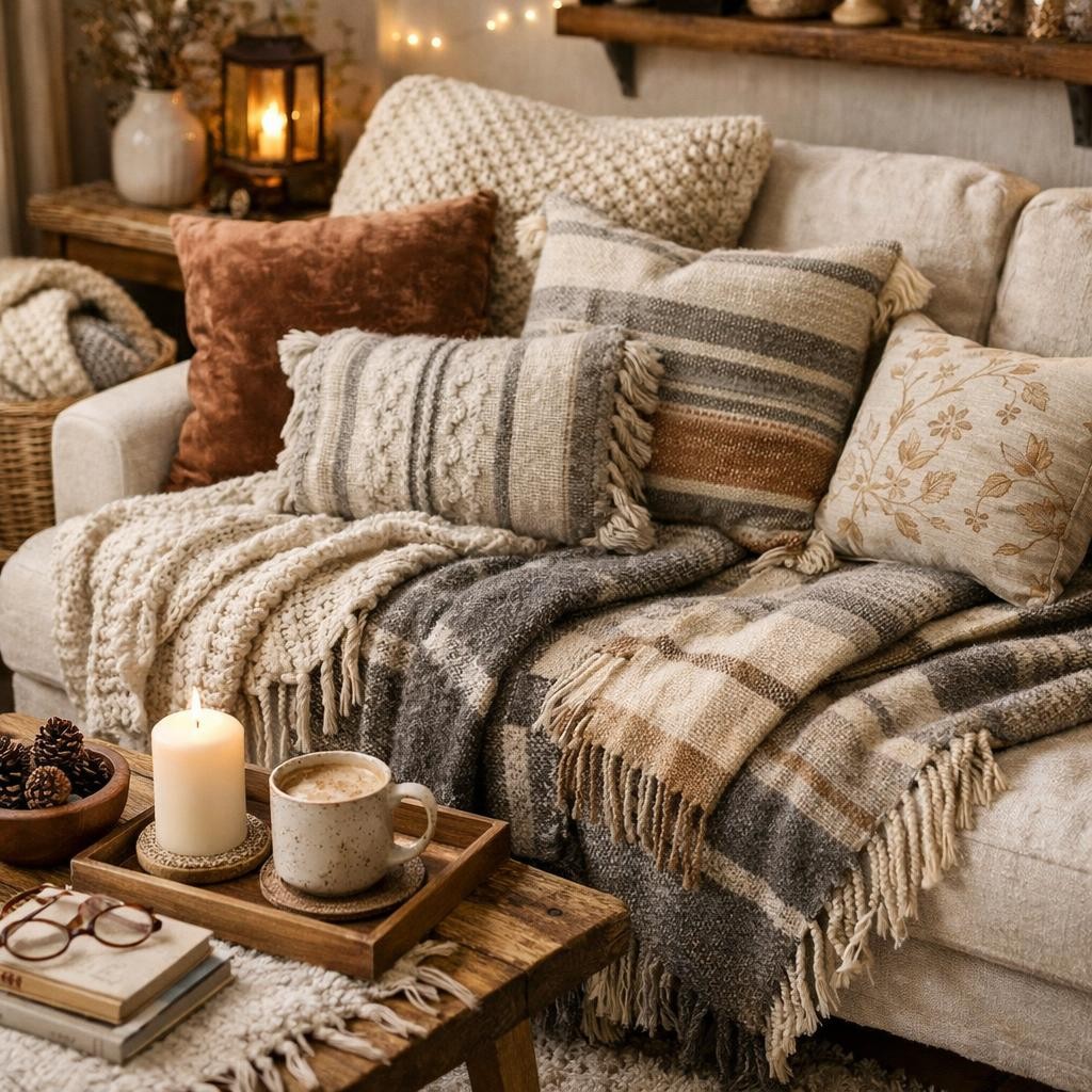 A cozy living room sofa with layered rugs, throws and cushions