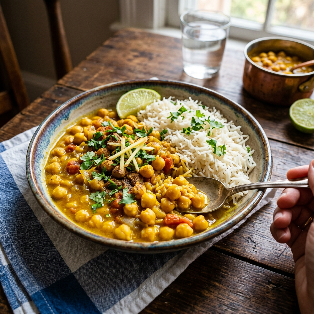 Bowl of chickpea curry with basmati rice, cilantro, ginger, and lime wedge